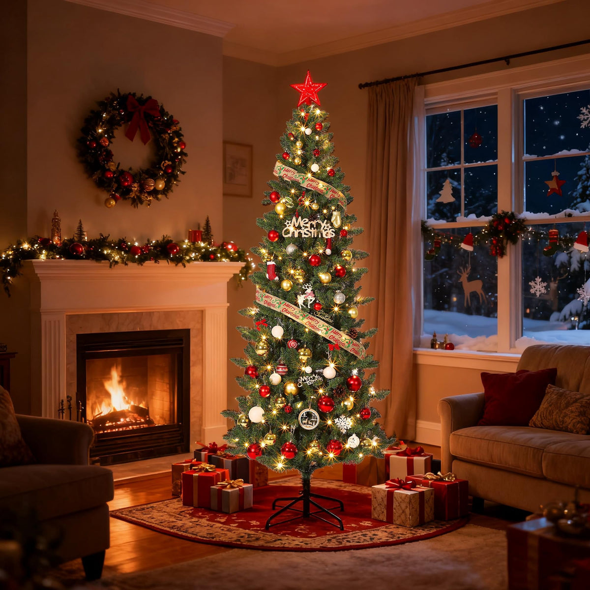 6ft/7.5ft/9ft Pencil Christmas Tree with LED Lights & Metal Stand, Pre-Lit Slim Artificial Holiday Trees,Christmas Decorations for Office,Home,Holiday