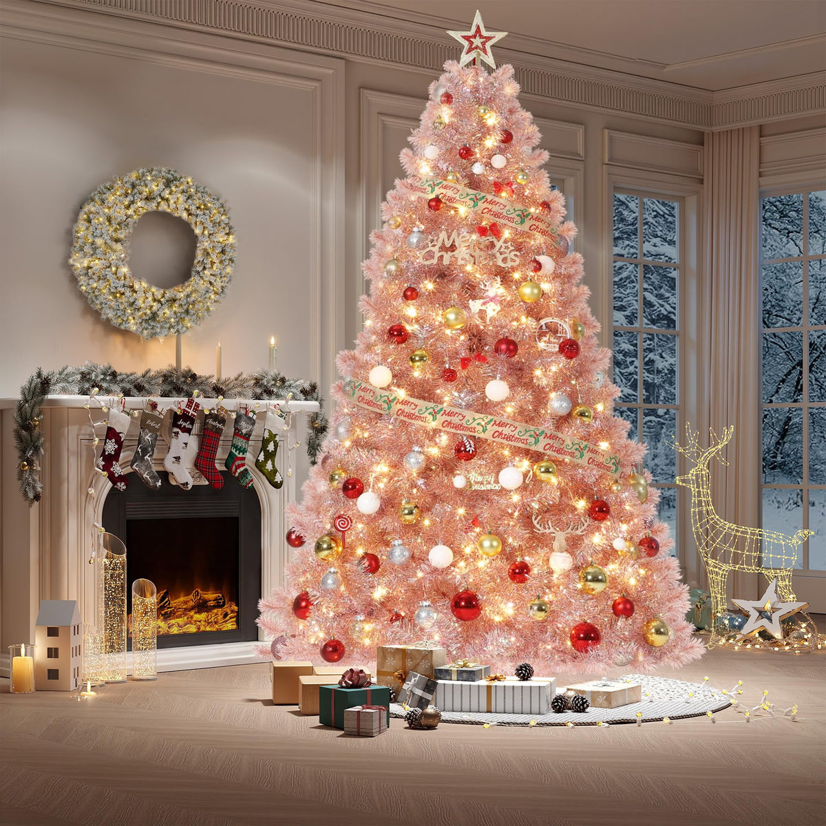 6ft Prelit Snow Flocked Pencil Christmas Tree with 250 Warm White Lights & Foldable Base - Rose Gold Tinsel Holiday Decoration for Home & Office