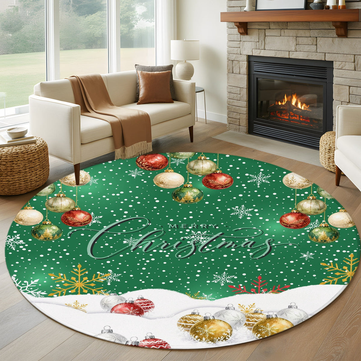 8x10 Area Rugs, Navy Blue Christmas Non-Skid Rubber Backing Large Rectangle Rugs - Living Room Bedroom Home Office, Xmas Snowflake Balls Snowy Sparkle Indoor Floor Mat Carpets Washable Rug