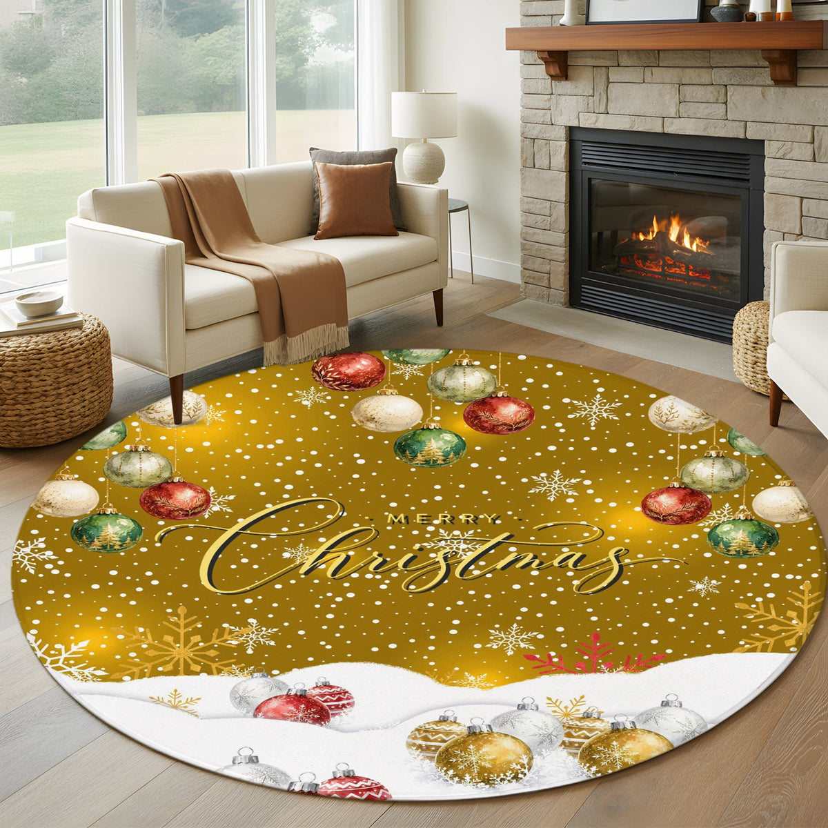 8x10 Area Rugs, Navy Blue Christmas Non-Skid Rubber Backing Large Rectangle Rugs - Living Room Bedroom Home Office, Xmas Snowflake Balls Snowy Sparkle Indoor Floor Mat Carpets Washable Rug