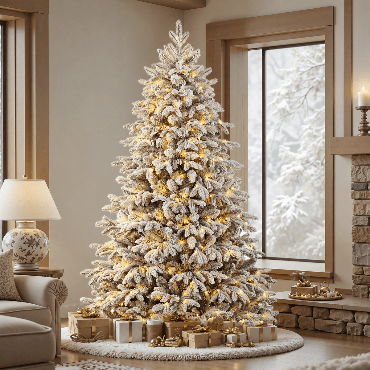 Lolsea 7ft Prelit Flocked Modern Luxury Cedar Christmas Tree with Realistic PE Foliage, Warm White & Multi-Color Lights and Remote Control