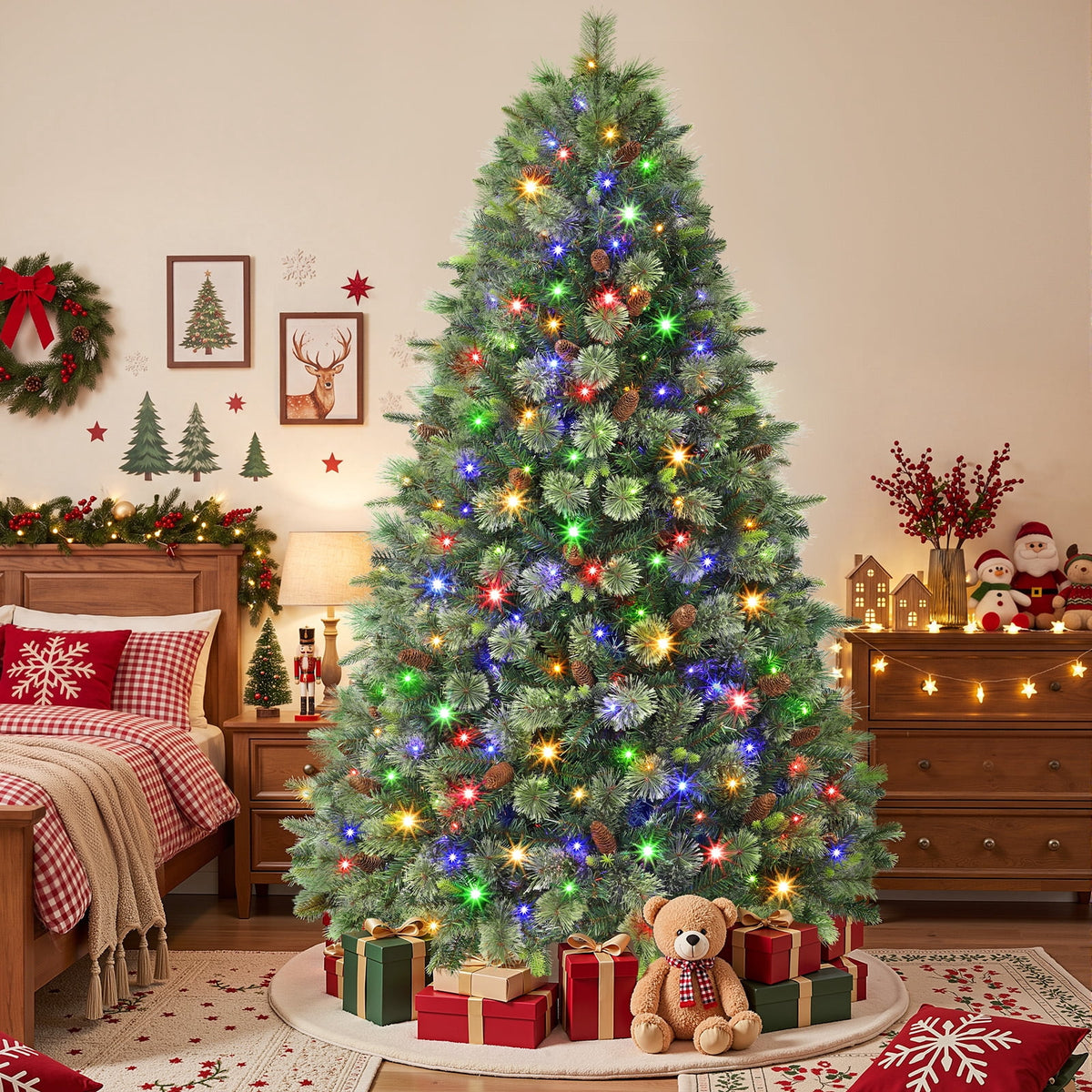 Lolsea 5.5ft Prelit PE Pine Artificial Christmas Tree with Lifelike Needles & Pine Cones, Remote Control, Warm White & Multi‑Color LED Lights