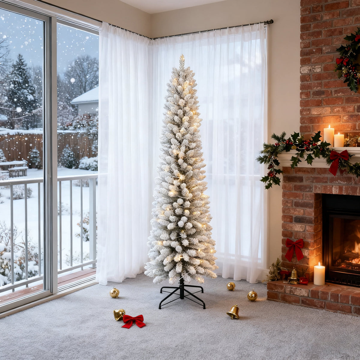 Makeatree 6 ft Pre-Lit Pencil Christmas Tree, Green Slim Skinny Spruce Xmas tree Holiday Decoration with 150 LED Lights, Metal Hinges & Foldable Base