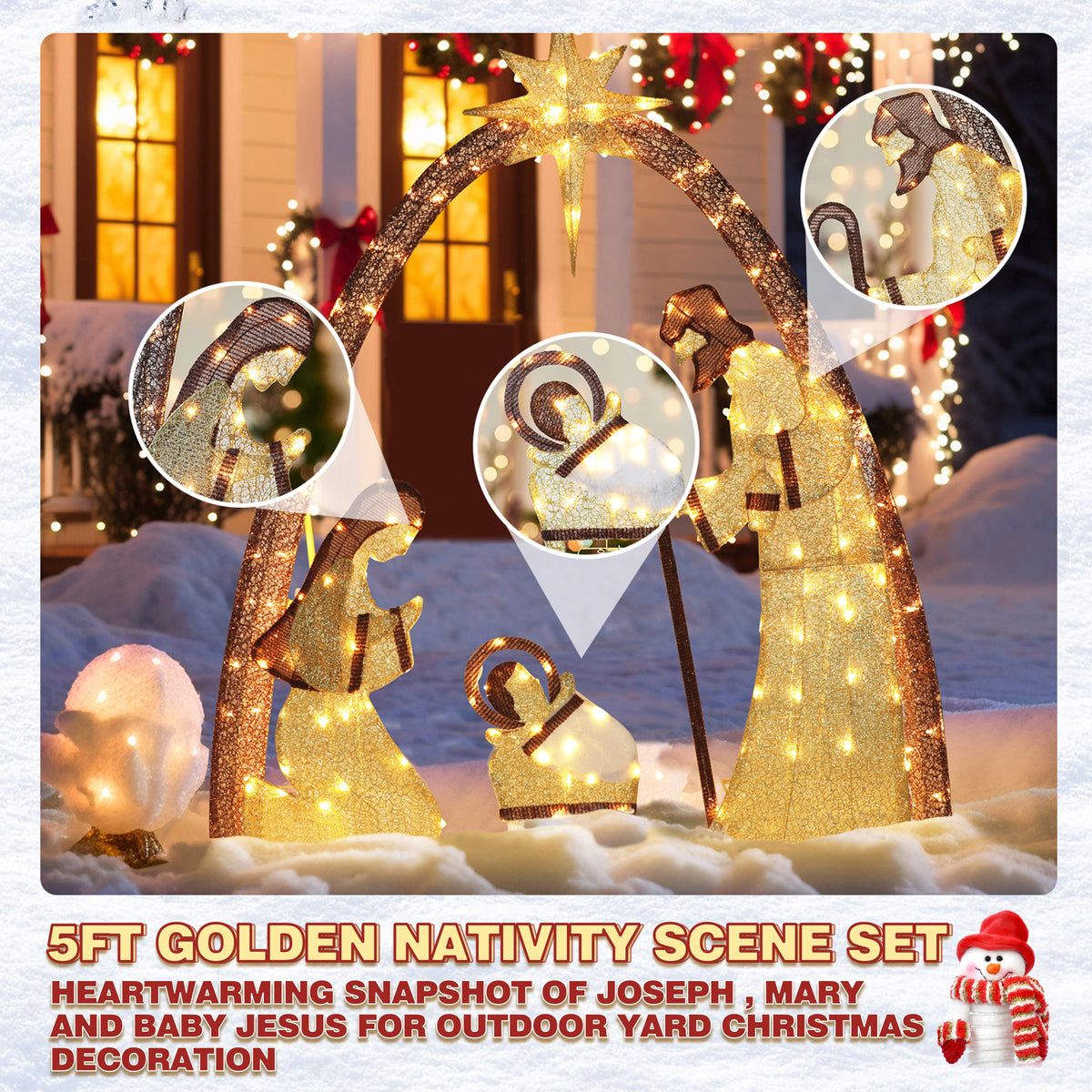 VEIKOUS 5ft Lighted Nativity Scene Christmas Decor Outdoor w/ 150 LED Lights, Holy Family Holiday Yard Decor Set ,White