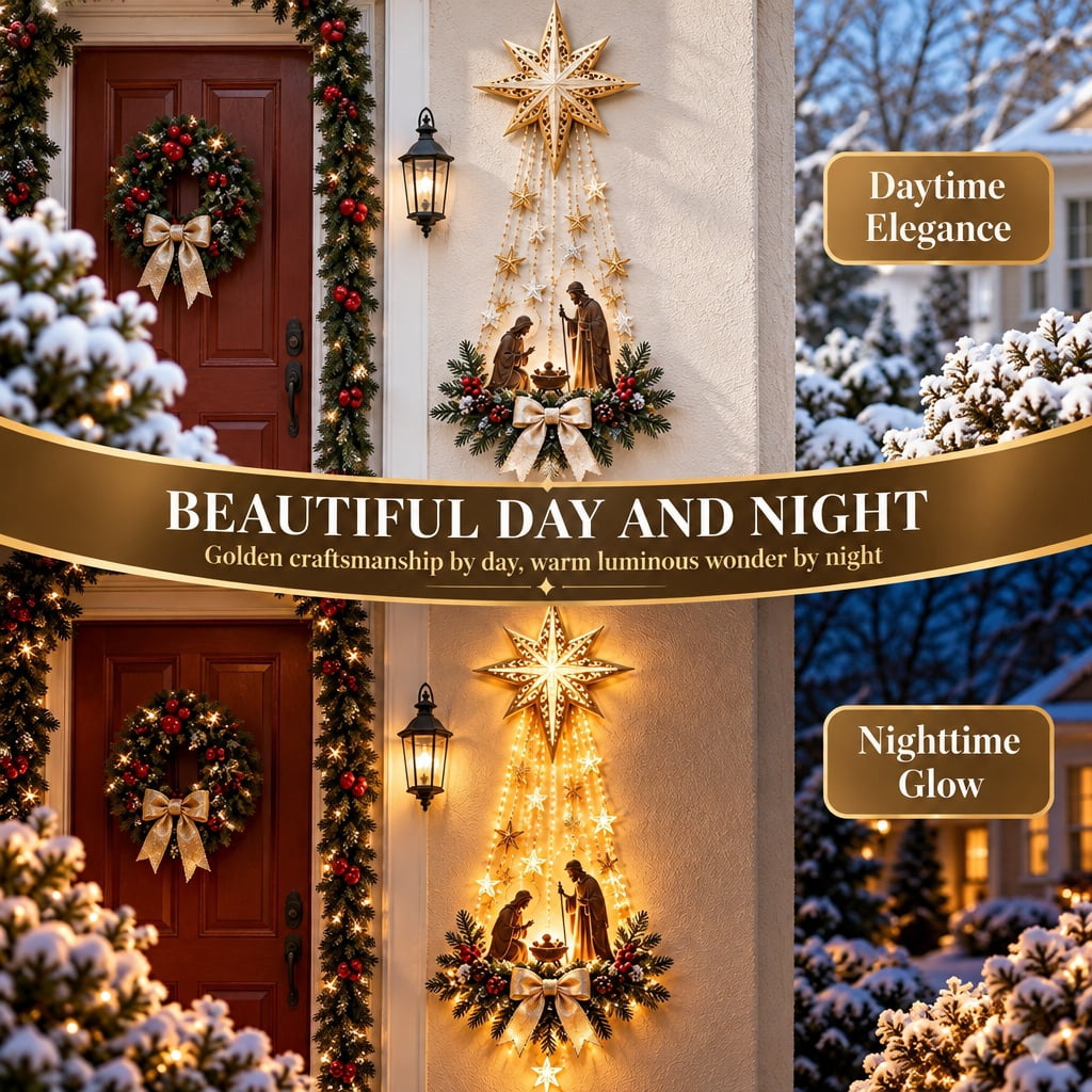 Bethlehem Star of Faith Lighted Nativity Wall Decor, Warm LED Christmas Hanging, Gold, Indoor Outdoor, Meaningful Holiday Gift