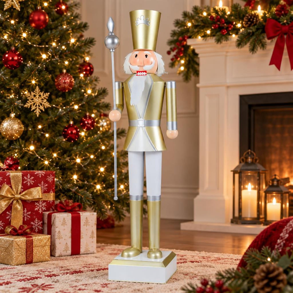 Airfind 4 FT Christmas Nutcracker with High Hat & Beautiful Scepter-White & Golden, Metal Frame, 10.5" x 10.5" x 4' Footprint, White