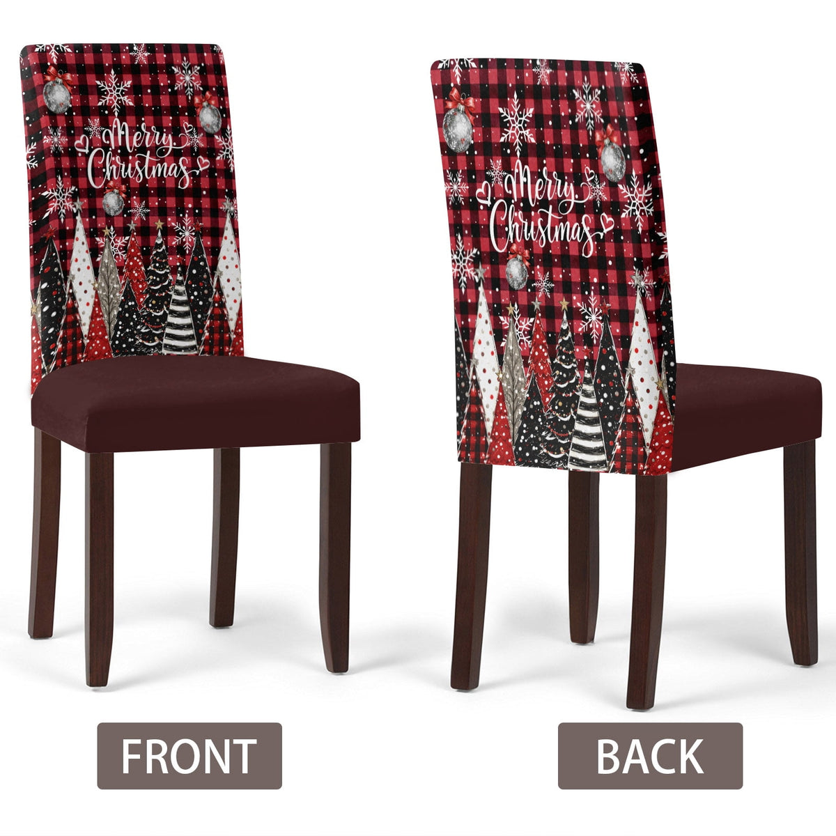 Merry Christmas Dining Chair Covers Set of 8, Winter Farmhouse Pine Tree Snowflake Red Plaid Chair Covers for Dining Room Removable Seat Protectors Slipcovers for Home Party Wedding Banquet