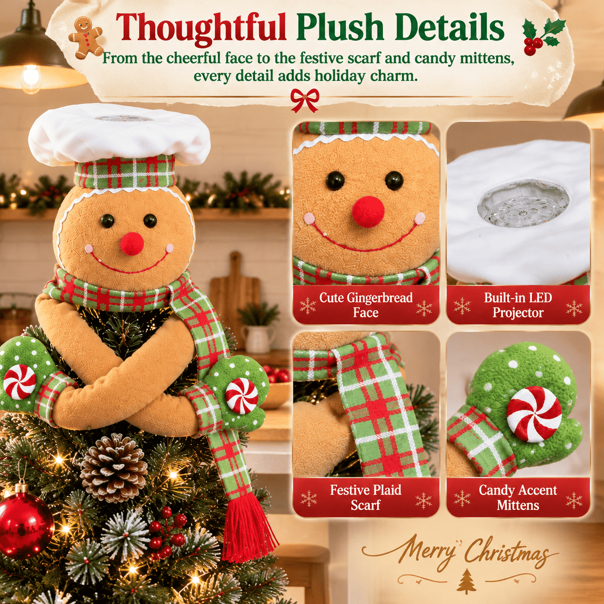 Gingerbread Man Christmas Tree Topper with Rotating LED Snowflake Projector, Green White