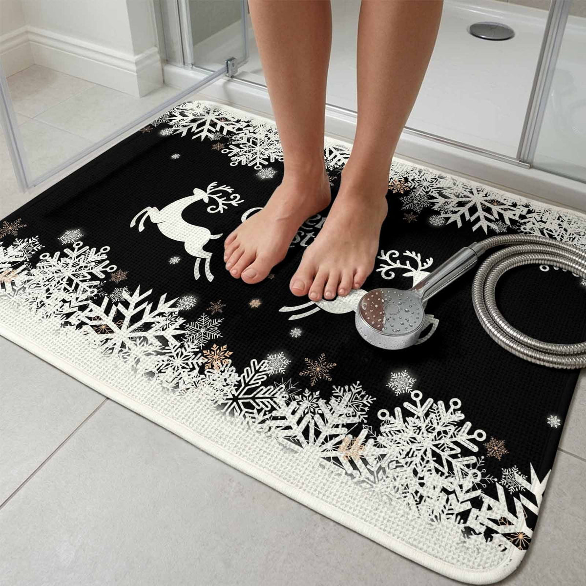 Black Christmas Washable Area Rugs for Living Room Bedroom, Large Non Slip Indoor Floor Carpet Absorbent Low Pile Elk Xmas Snowflake Winter Deer Door Mat Rugs for Bathroom Entryway 47.2"x63"