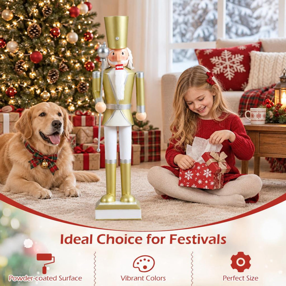 Airfind 4 FT Christmas Nutcracker with High Hat & Beautiful Scepter-White & Golden, Metal Frame, 10.5" x 10.5" x 4' Footprint, White