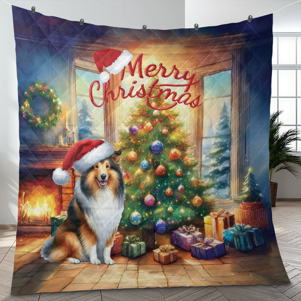 Merry Christmas French Bulldog Santa Hat Xmas Tree Winter Holiday Quilt Bedding Set Dog Lover Gifts 1 Blanket Bed Cover 2 Pillowcases - 01013