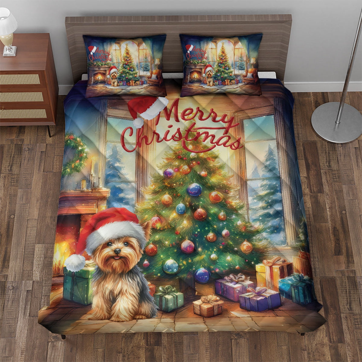 Merry Christmas French Bulldog Santa Hat Xmas Tree Winter Holiday Quilt Bedding Set Dog Lover Gifts 1 Blanket Bed Cover 2 Pillowcases - 01013