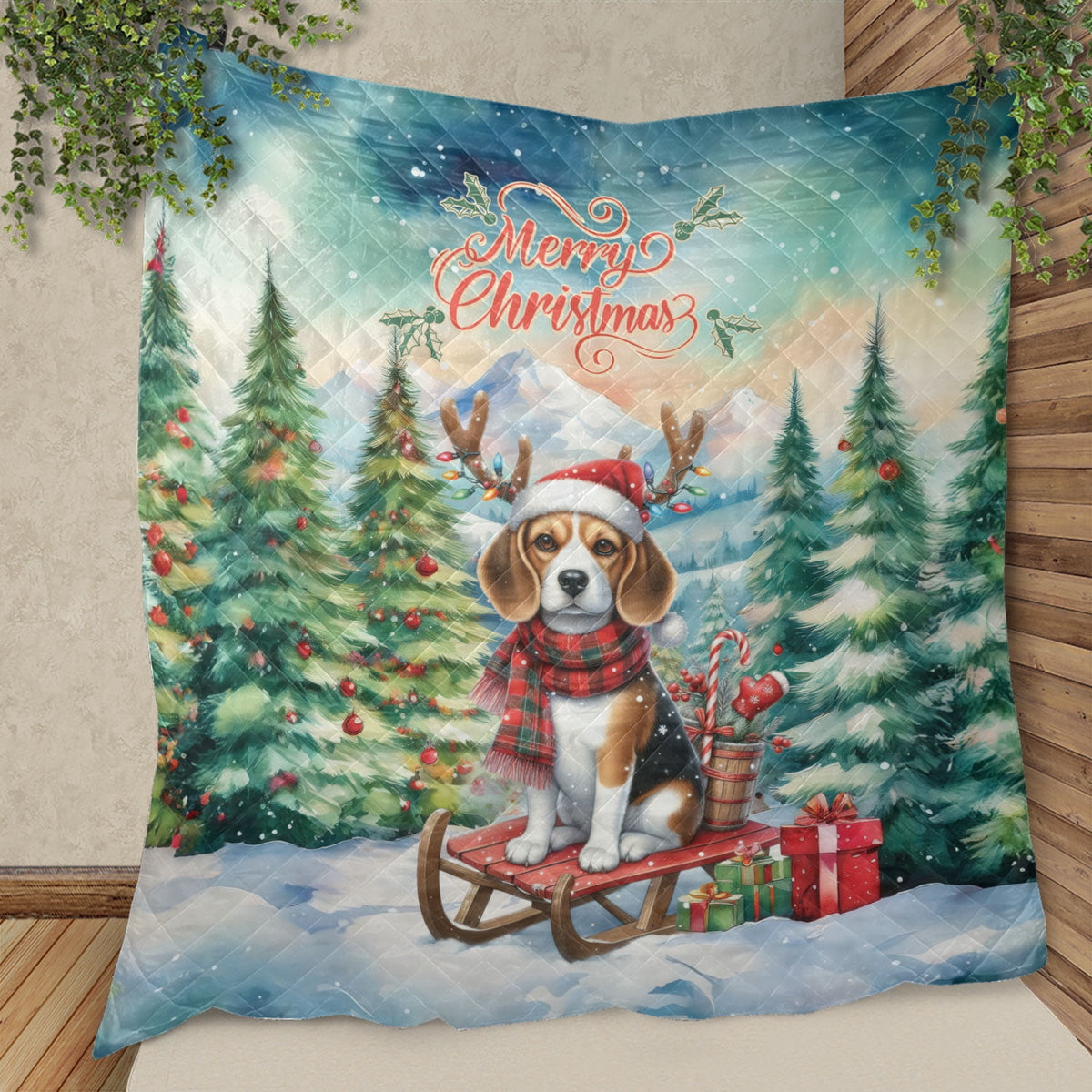 Merry Christmas Santa Reindeer Antlers French Bulldog Sleigh Xmas Winter Holiday Quilt Bedding Set Dog Lover Gifts 1 Blanket Bed Cover 2 Pillowcases - 00023