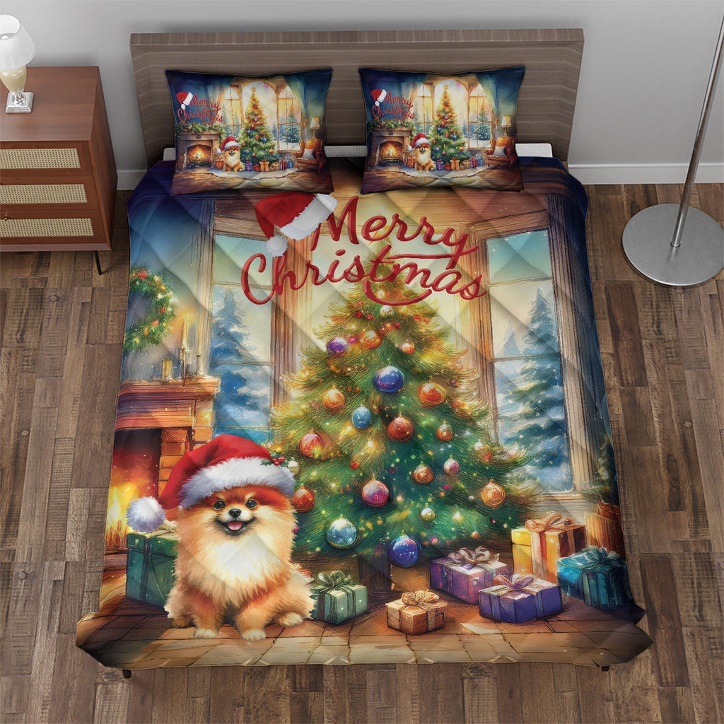 Merry Christmas French Bulldog Santa Hat Xmas Tree Winter Holiday Quilt Bedding Set Dog Lover Gifts 1 Blanket Bed Cover 2 Pillowcases - 01013