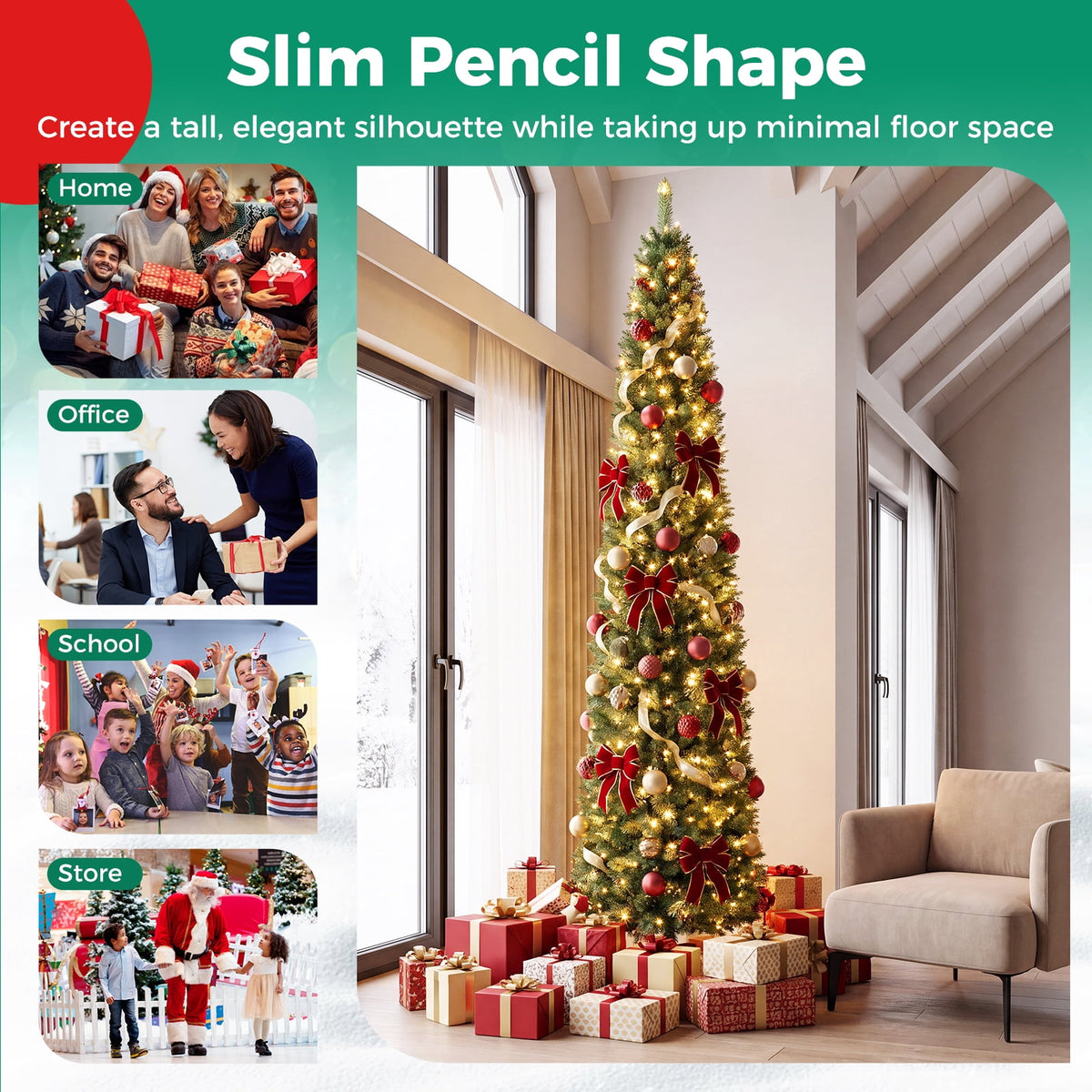 Gymax 9 FT Pre-Lit Artificial Christmas Tree Realistic Slim Pencil Xmas Tree