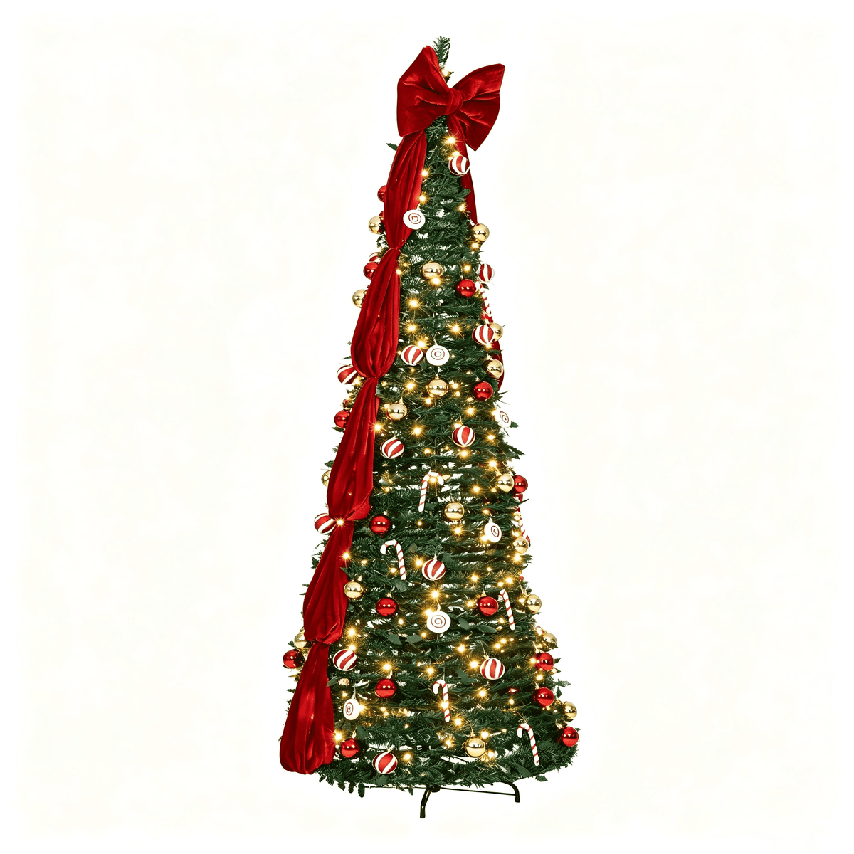 Firstness Christmas Tree 7.5FT, Pop up Pre Decorated Pre Lit Artificial Xmas Tree with 350 LED Lights, Large Bow & Ornaments, Lighted Christmas Tree with Storage Bag, Easy Installation