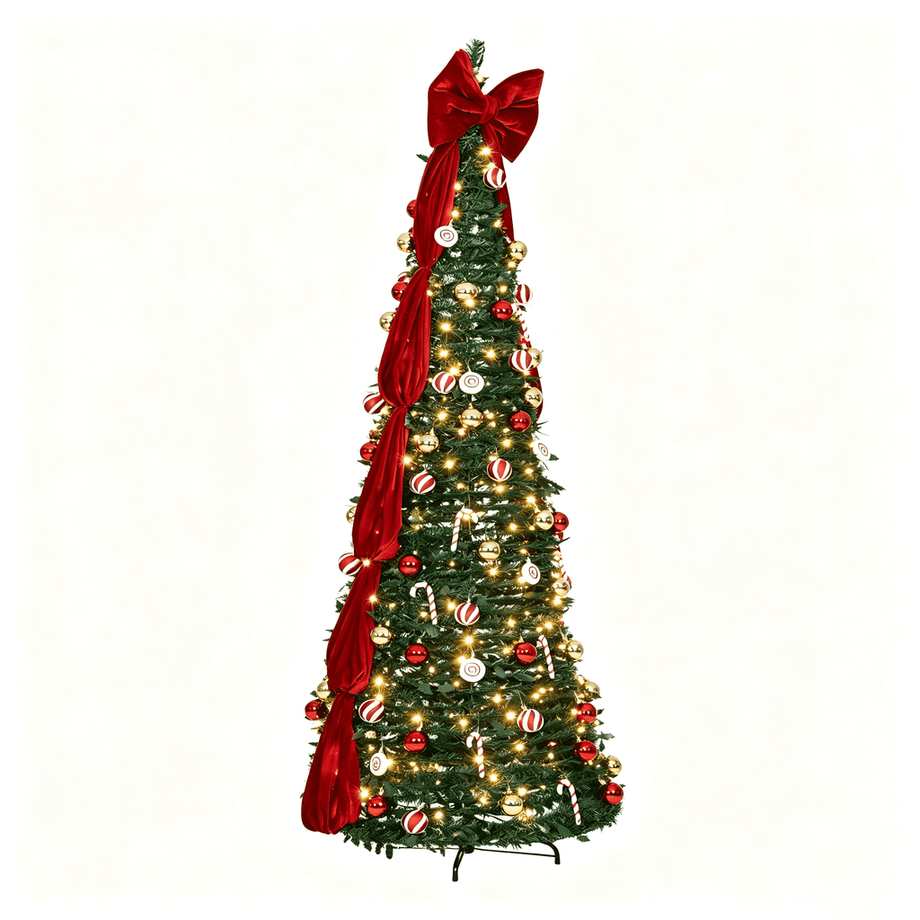 Firstness Christmas Tree 6FT, Pop up Pre Decorated Pre Lit Artificial Xmas Tree with 200 LED Lights, Large Bow & Ornaments, Lighted Christmas Tree with Storage Bag, Easy Installation