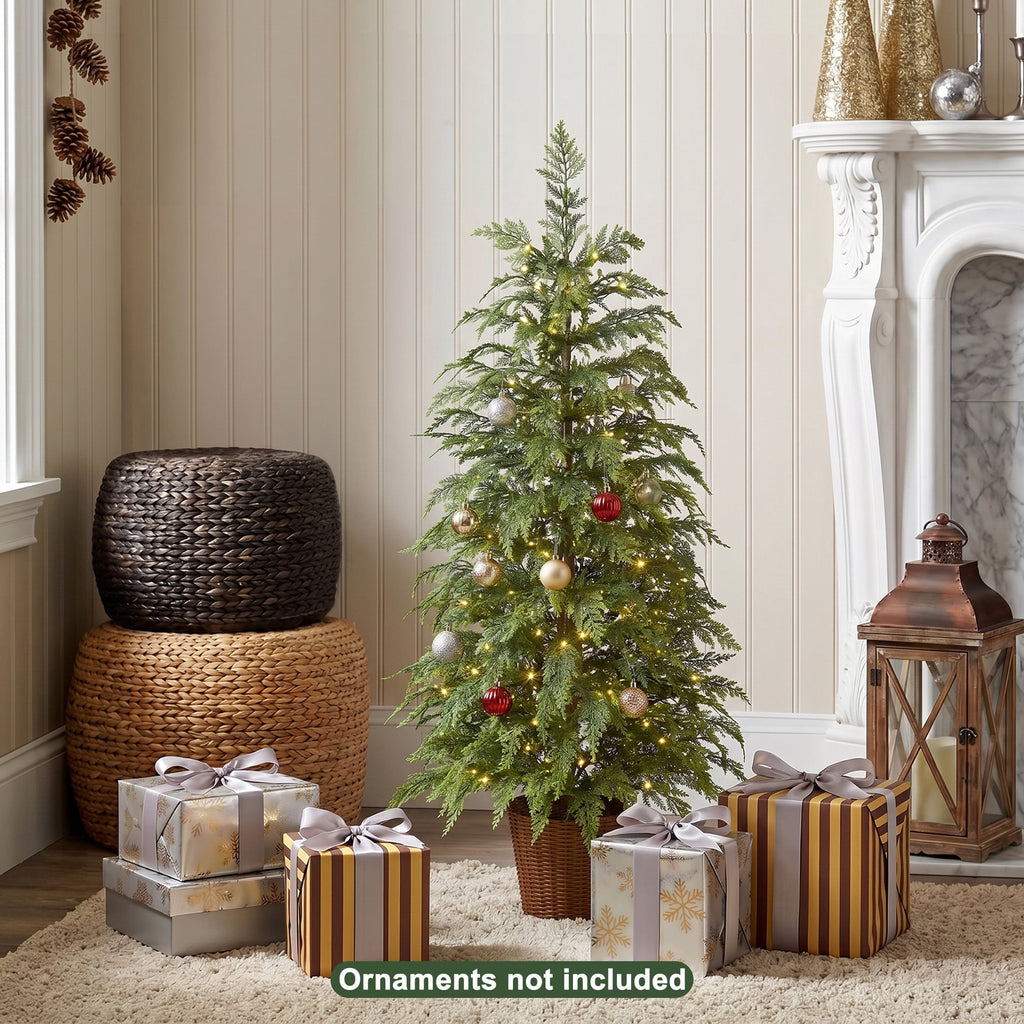 DR.Planzen 24" Pre-Lit Green Cypress Artificial Christmas Tree with 30 Warm White LED Lights, Mini Tabletop Xmas Tree in Woven Basket Base, Indoor Holiday Decoration