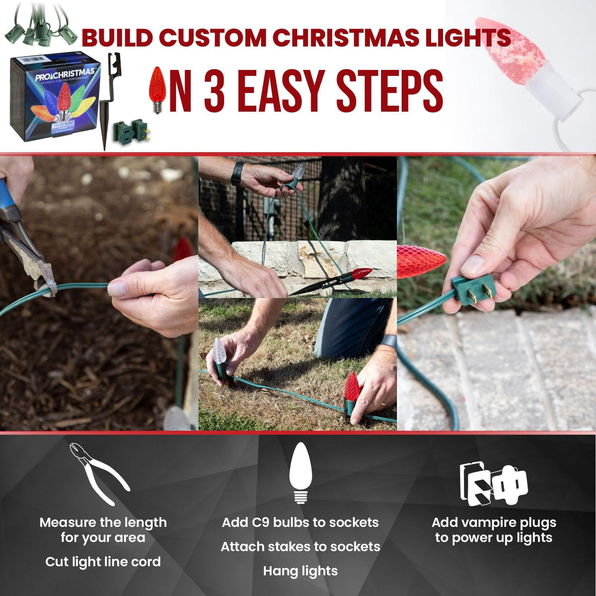 Christmas Designers C9 LED Christmas Light Kit, 100 Green Bulbs, 100' Green Wire, 12" Spacing, 7.5" Pathway Stakes