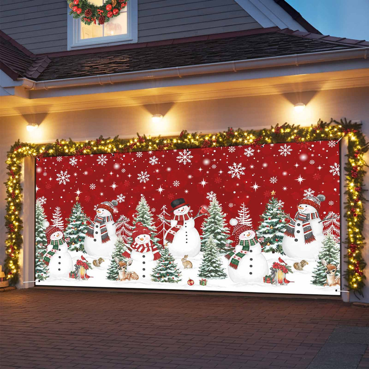Fsddascl 7 x 16 Ft Christmas Garage Door Cover, Black Christmas Tree Large Garage Door Banner, Xmas Snowflake Green Golden Hanging Garage Mural Background for Indoor Outdoor Xmas Party Supplies