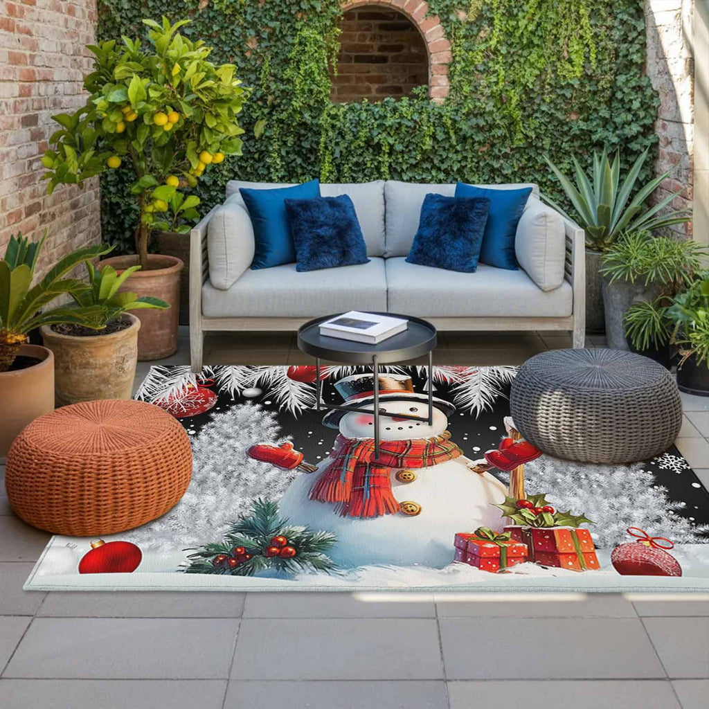 Grey Snowman Christmas Outdoor Rug for Patio/Deck/Porch, Non-Slip Large Area Rug 4 x 6 Ft, Xmas Tree Red Balls Snowflake Indoor Outdoor Rugs Washable Area Rugs, Reversible Camping Rug Carpet Runner