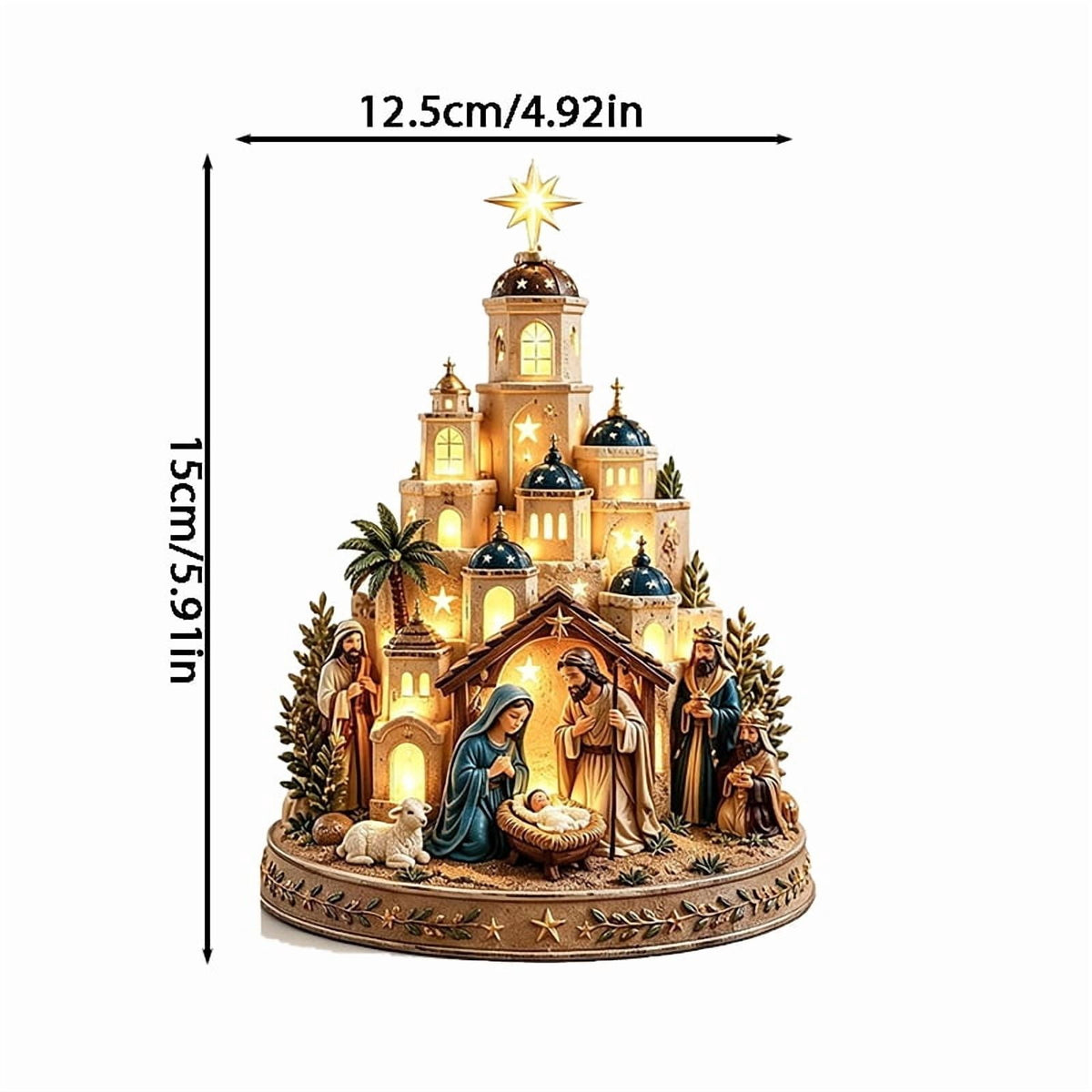 Bethlehem Nativity Church Light Tower, Lighted Nativity Scene Tabletop, Lighted Village Decoration with Star Accent Scene for Tabletop Home Display