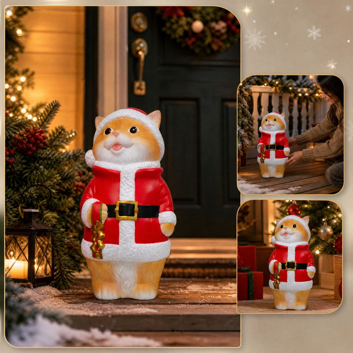 Luckky Lighted Christmas Dog Resin Statue, Santa Hat and Scarf Dog Figurine, 7.87 Inch, Multi-Color LED Lights, Indoor Outdoor Holiday Decor