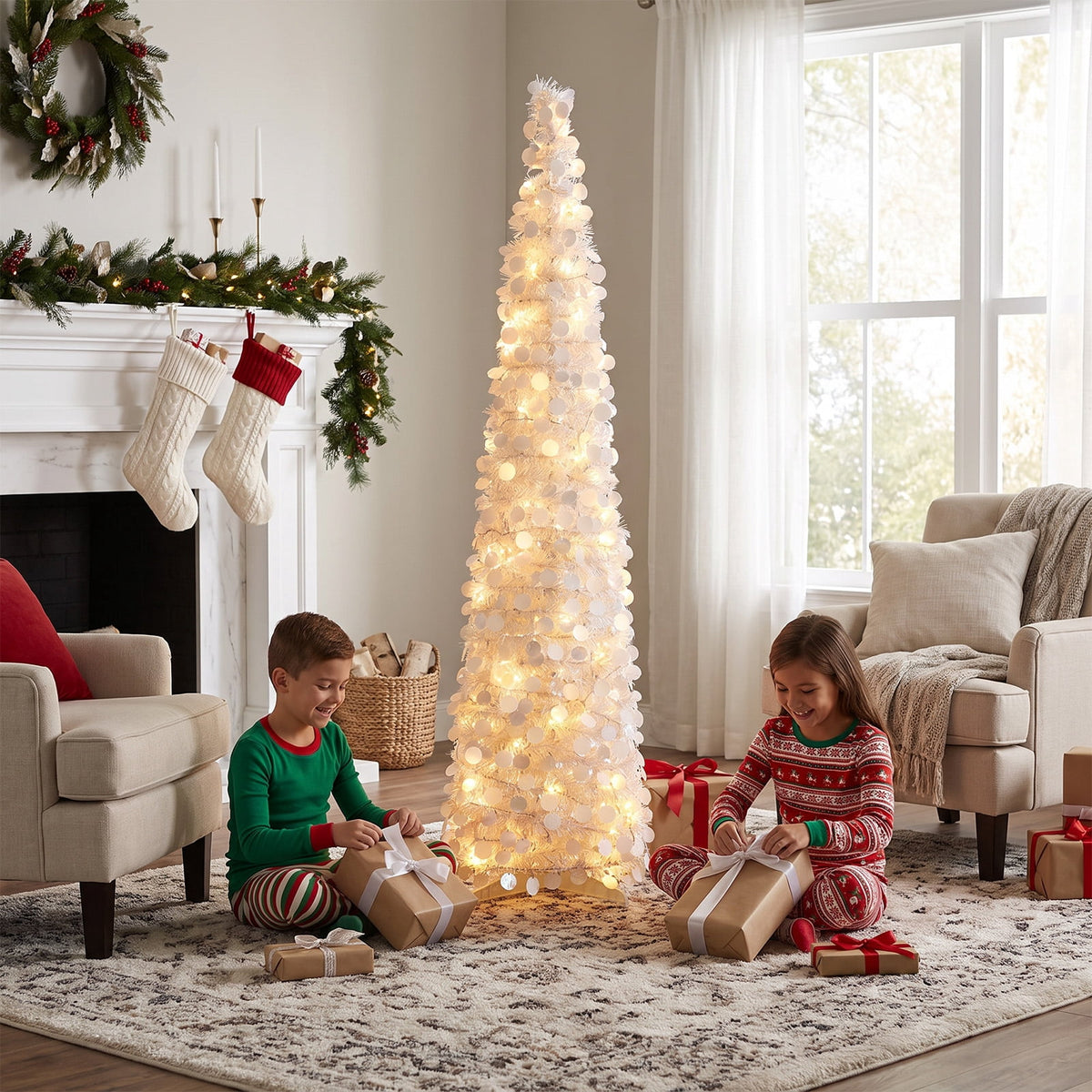 Ayieyill 5ft Pop up Christmas Tree,Color Artificial Pencil Tinsel Xmas Trees for Christmas Indoor Decorations, Collapsible Christmas Tree (Silver)