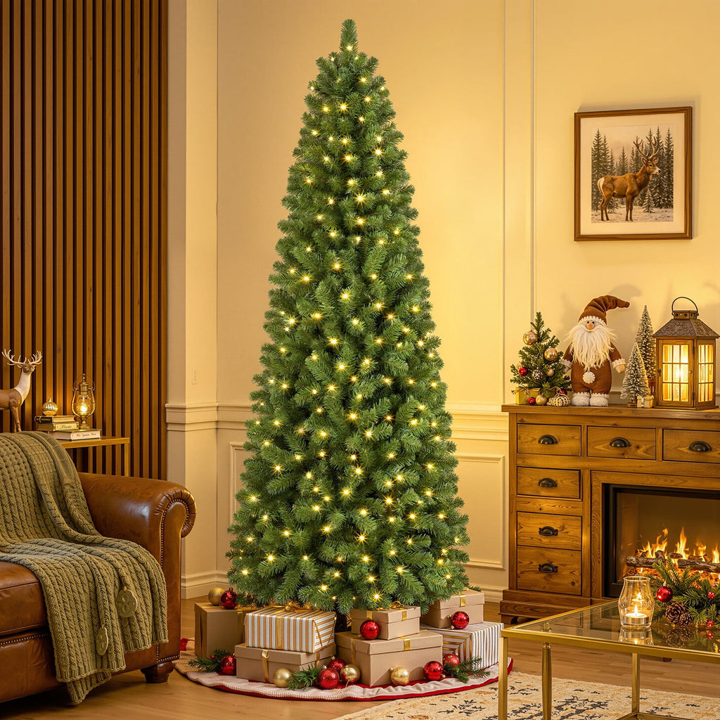 Lolsea 6.5ft Prelit Artificial Slim Pencil Christmas Tree w/ Warm White Lights, Full Branch Tips, Perfect Choice Decoration for Xmas Holiday