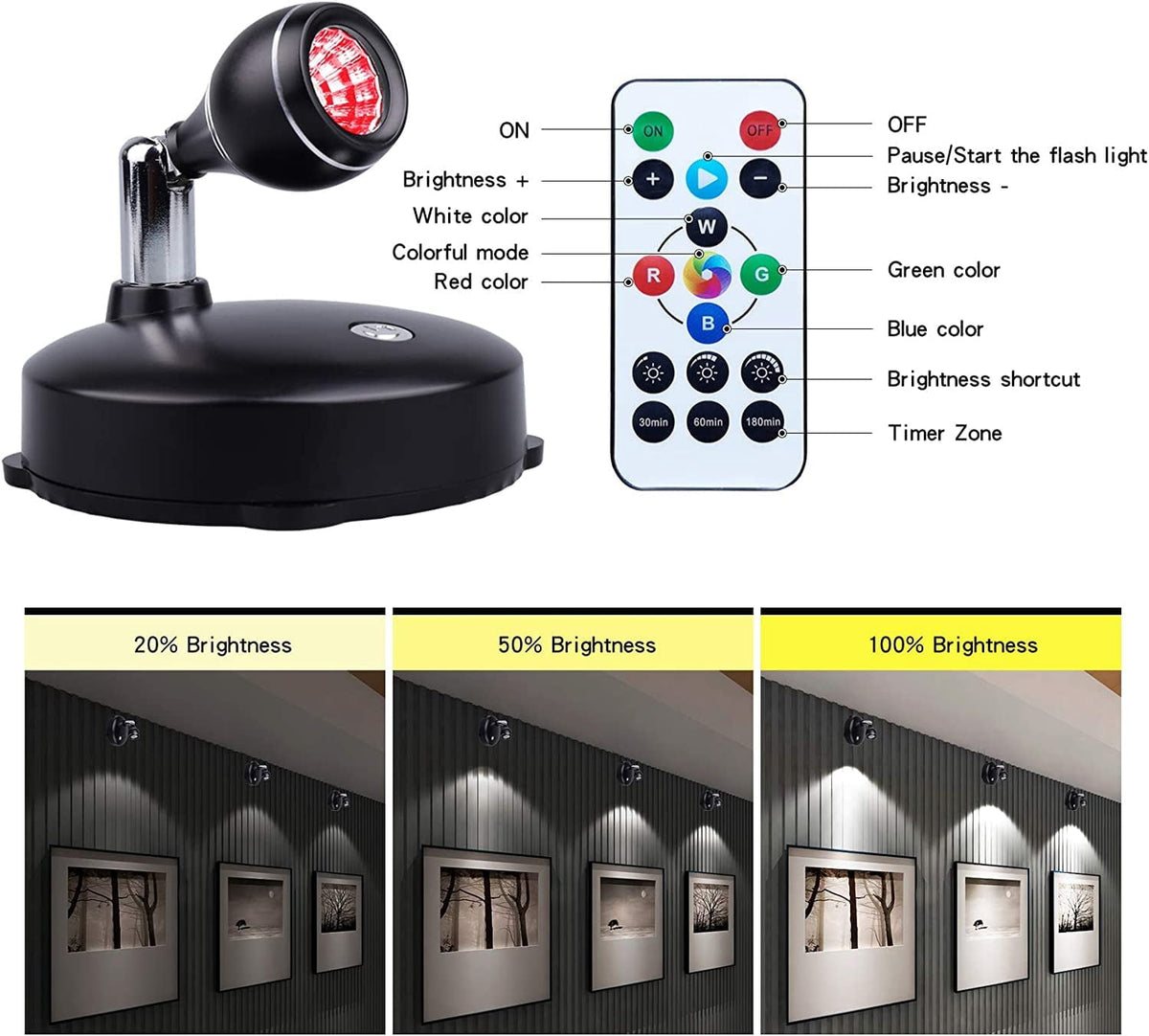 LED Spot Light Indoor, Battery Operated Led Light Stick Up Lights with Remote, Mini Spotlight Dimmable Accent Lights for Lighting up Paintings Pictures(RGB 2 Pack)