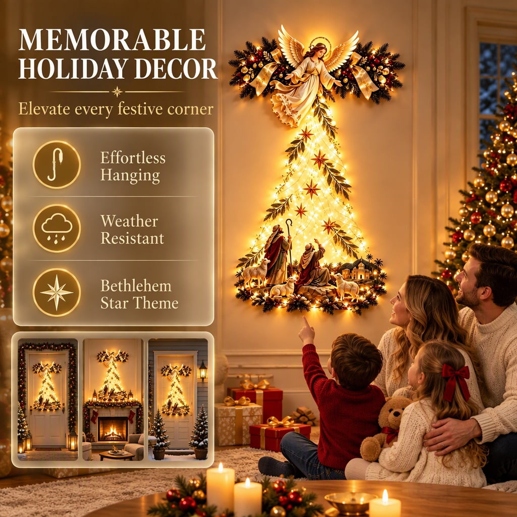 Bethlehem Star of Faith Lighted Nativity Wall Decor, Warm LED Christmas Hanging, Gold, Indoor Outdoor, Meaningful Holiday Gift C