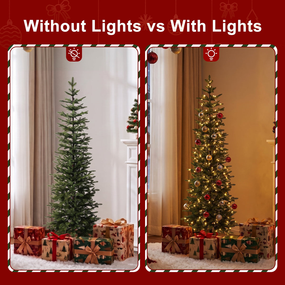 DR.Planzen 6ft Prelit Pencil Christmas Tree with 150 Warm White LED Lights, 1571 PE Branch Tips, Iron Base, Slim Artificial Christmas Tree for Apartment, Entryway, Corner, Office