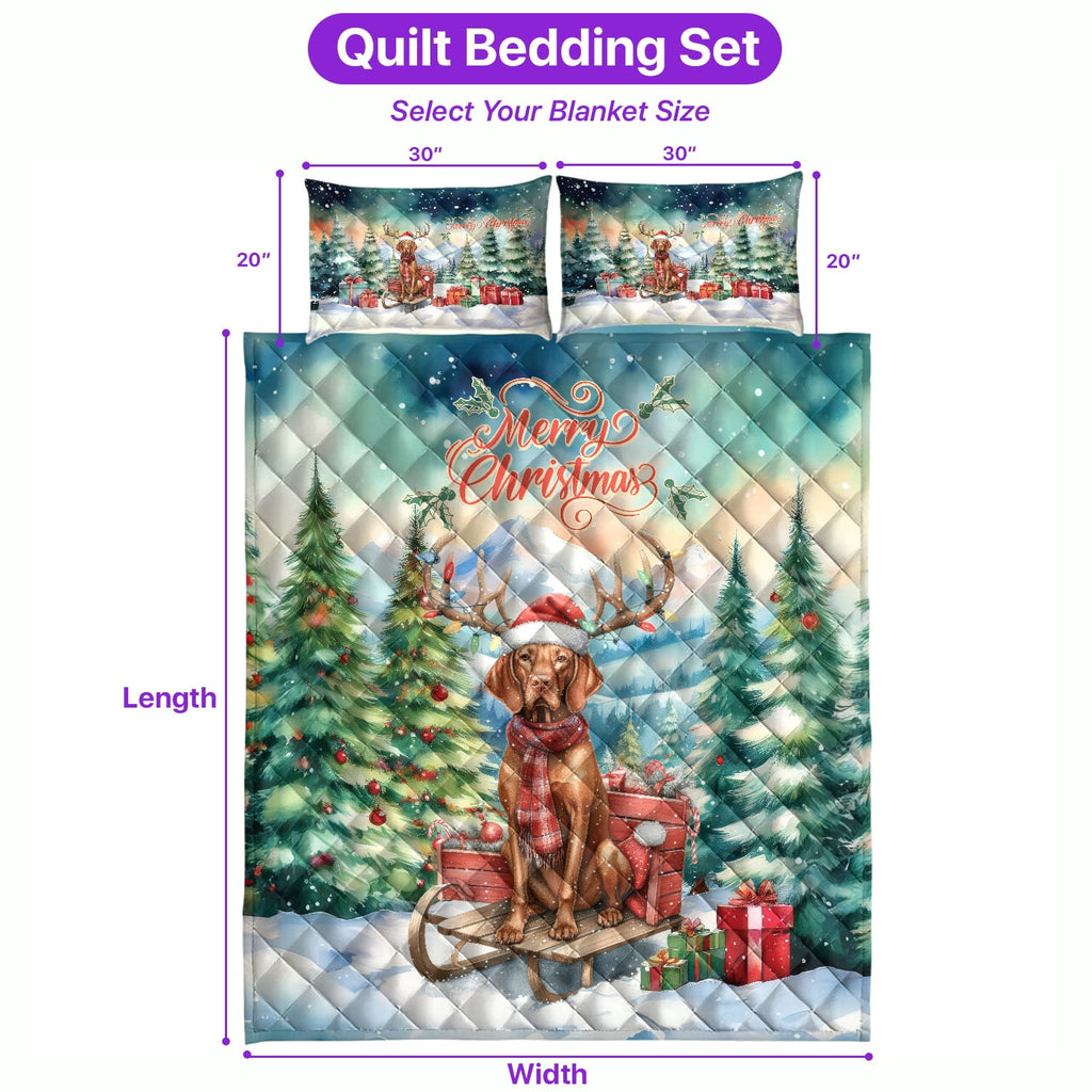 Merry Christmas Santa Reindeer Antlers French Bulldog Sleigh Xmas Winter Holiday Quilt Bedding Set Dog Lover Gifts 1 Blanket Bed Cover 2 Pillowcases - 00023