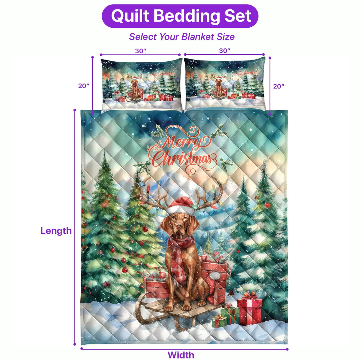 Merry Christmas Santa Reindeer Antlers French Bulldog Sleigh Xmas Winter Holiday Quilt Bedding Set Dog Lover Gifts 1 Blanket Bed Cover 2 Pillowcases - 00023