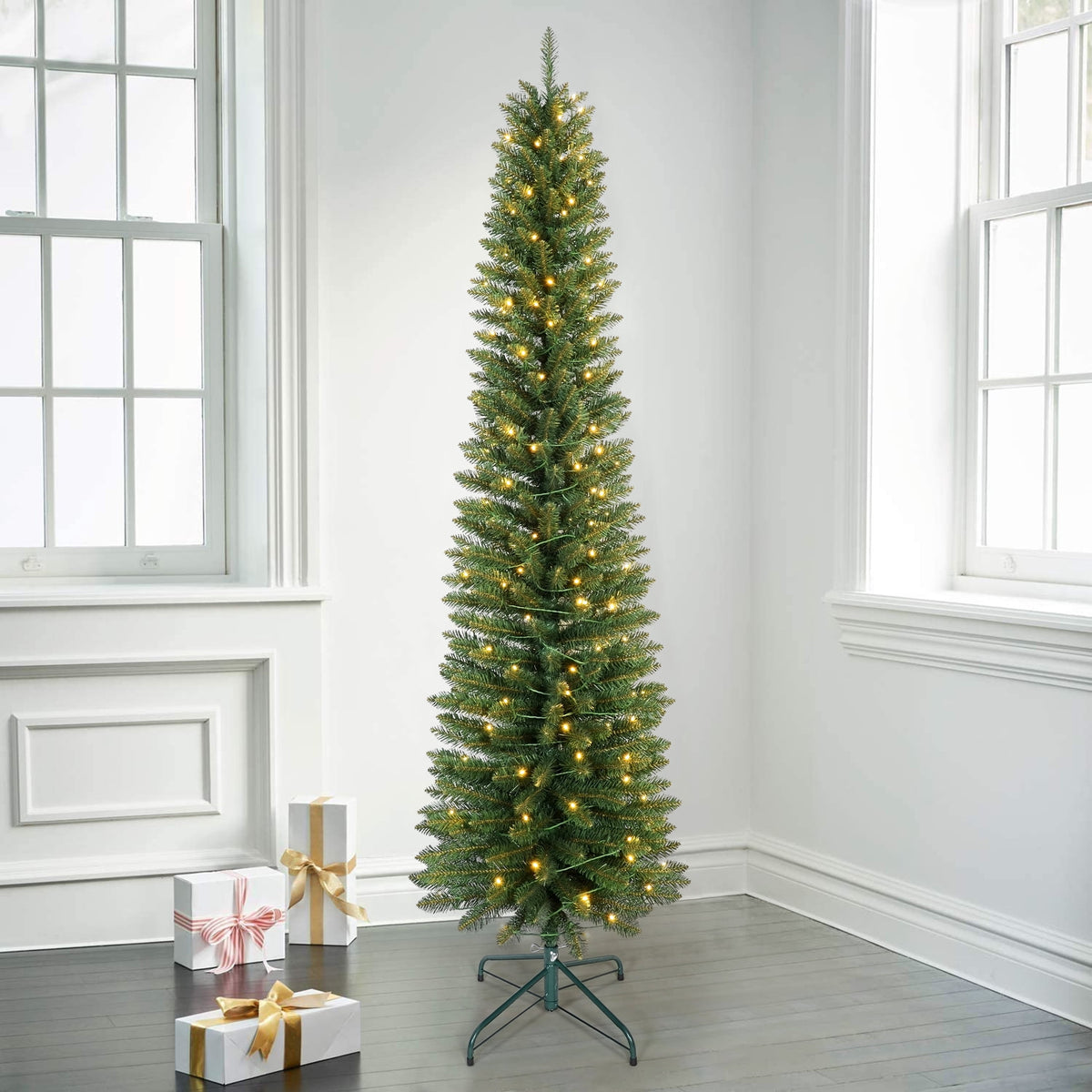 Bringstar 6FT Pre-Lit Pencil Christmas Tree,Green Artificial Xmas Trees, 150 LED Warm White Lights