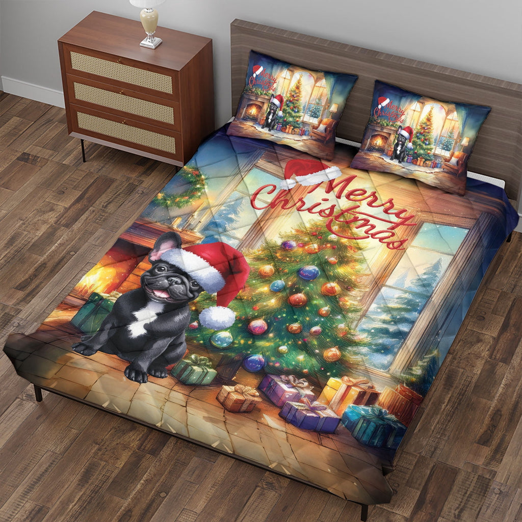 Merry Christmas French Bulldog Santa Hat Xmas Tree Winter Holiday Quilt Bedding Set Dog Lover Gifts 1 Blanket Bed Cover 2 Pillowcases - 01013