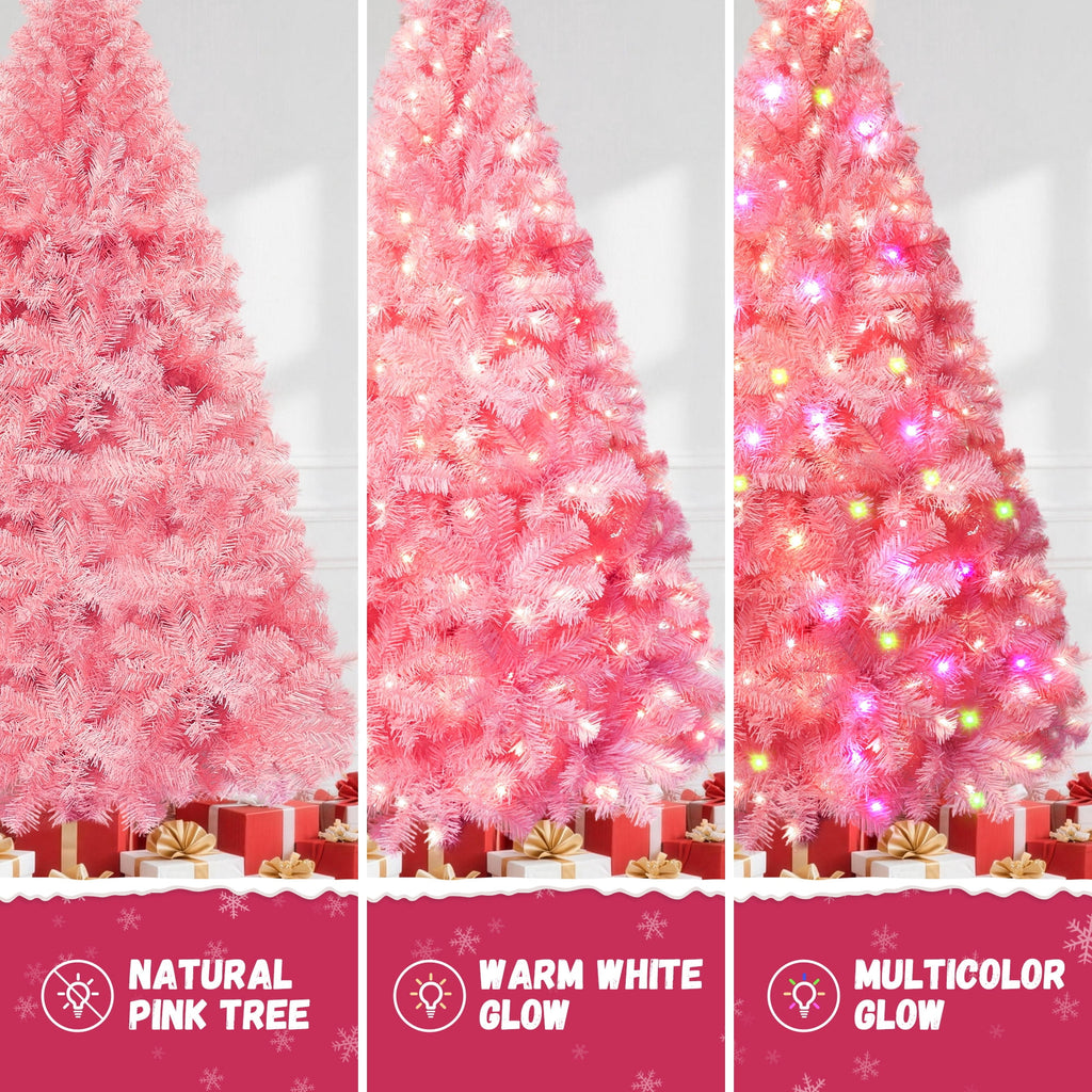 Yexmas 6ft Pre-Lit Pink Christmas Tree,Artificial Christmas Tree with 1000 PVC Branches,300 Multicolor Lights,Metal Hinges,Xmas Tree for Home,Holiday Party Decorations
