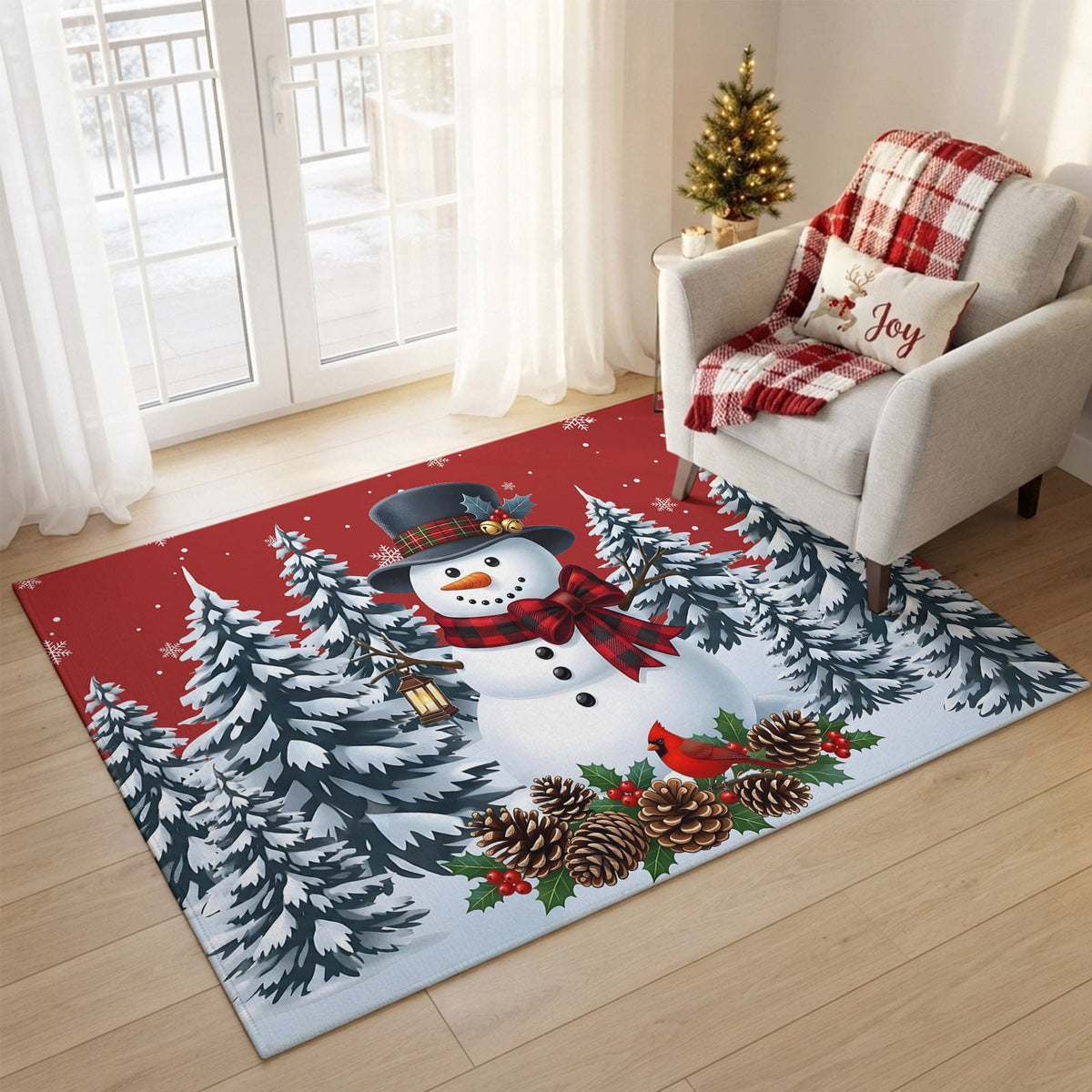 5x7 Area Rugs, Light Blue Snowman Christmas Non-Skid Rubber Backing Large Rectangle Rugs - Living Room Bedroom Home Office, Xmas Pinecone Tree Snowflake Indoor Floor Mat Carpets Washable Rug