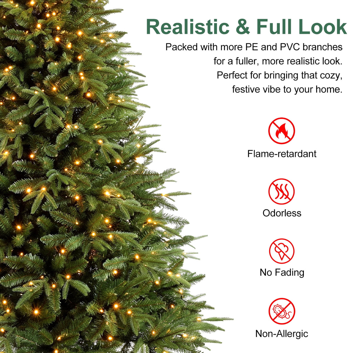 7ft Prelit Artificial Christmas Tree, 1300 PE/PVC Tips, Living Room Full Realistic Shape Spruce Xmas Tree with LED Lights, Foldable Metal Stand, Easy Assembly, for Home Office Holiday Decor