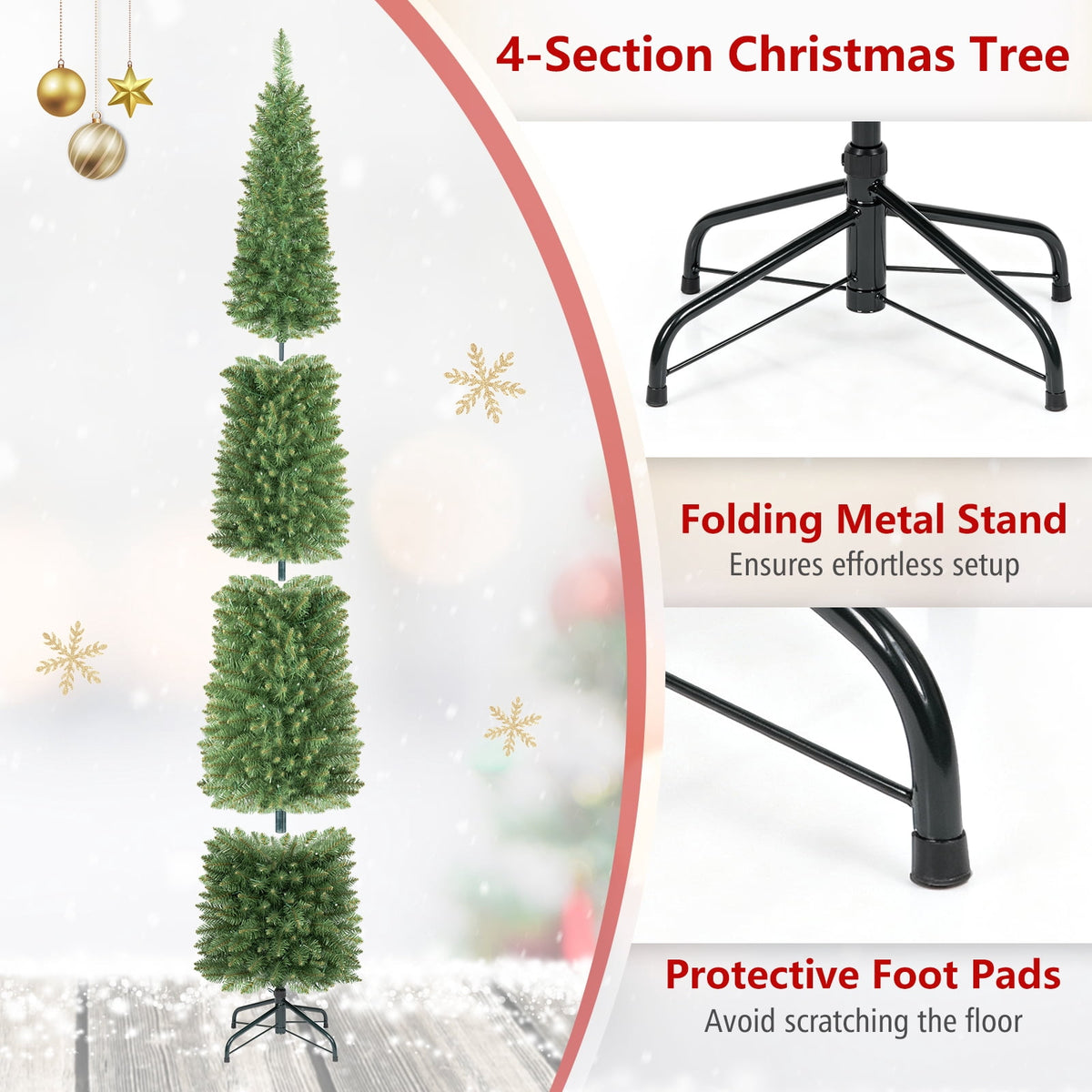 Costway 6 FT Pencil Christmas Tree Pre-Lit Folding Metal Stand Green