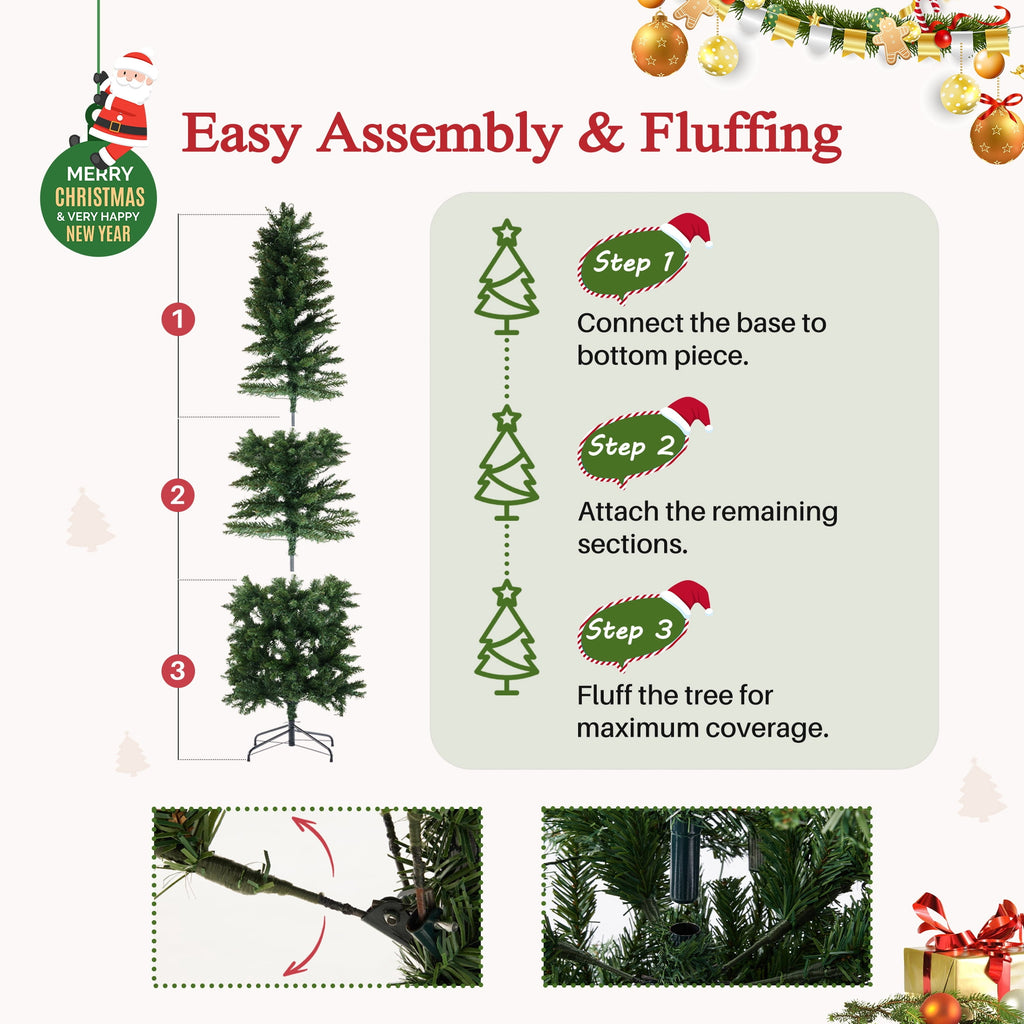 edx 6ft Pre-lit Pencil Christmas Tree, Green Artificial Spruce Slim Christmas Trees, With 250 LED Lights, 571 Branch Tips & Foldable Base, For Home, Office, Party Decoration