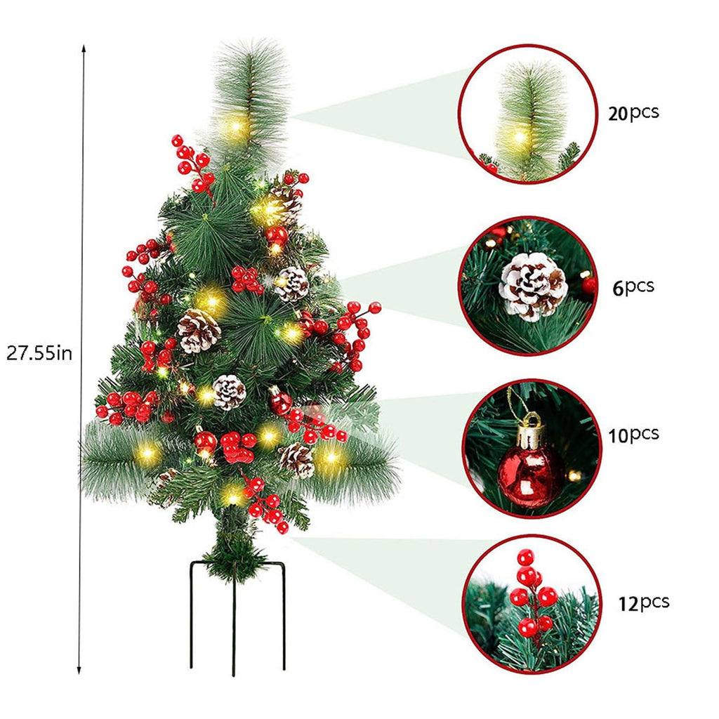 Solar Christmas Tree，Waterproof Christmas Tree Decorations for Porch, Outdoor Christmas Trees for Yard Garden Lawn Pathway with LED Lights, Red Berries, Xmas Ornaments