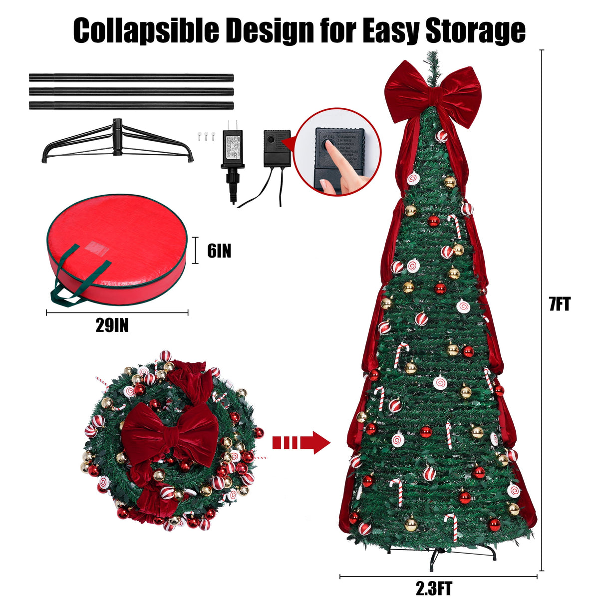 Firstness Christmas Tree 7.5FT, Pop up Pre Decorated Pre Lit Artificial Xmas Tree with 350 LED Lights, Large Bow & Ornaments, Lighted Christmas Tree with Storage Bag, Easy Installation