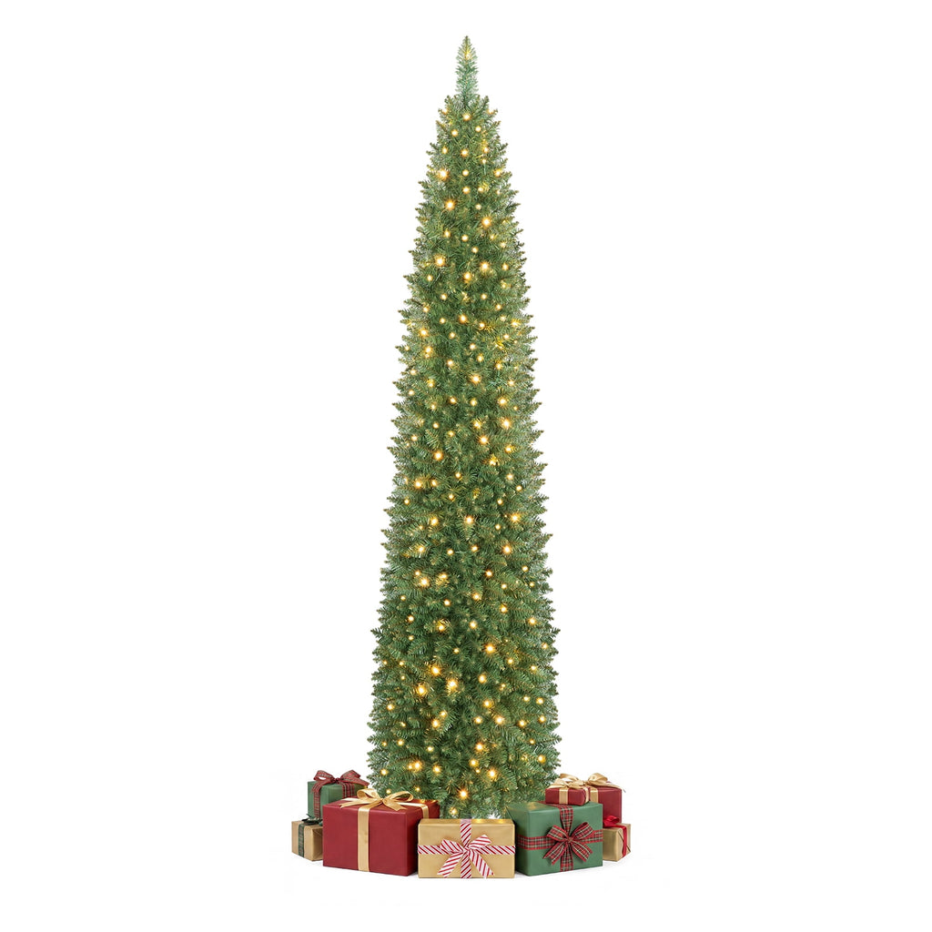 Gymax 9 FT Pre-Lit Artificial Christmas Tree Realistic Slim Pencil Xmas Tree