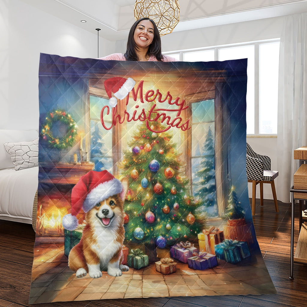 Merry Christmas French Bulldog Santa Hat Xmas Tree Winter Holiday Quilt Bedding Set Dog Lover Gifts 1 Blanket Bed Cover 2 Pillowcases - 01013