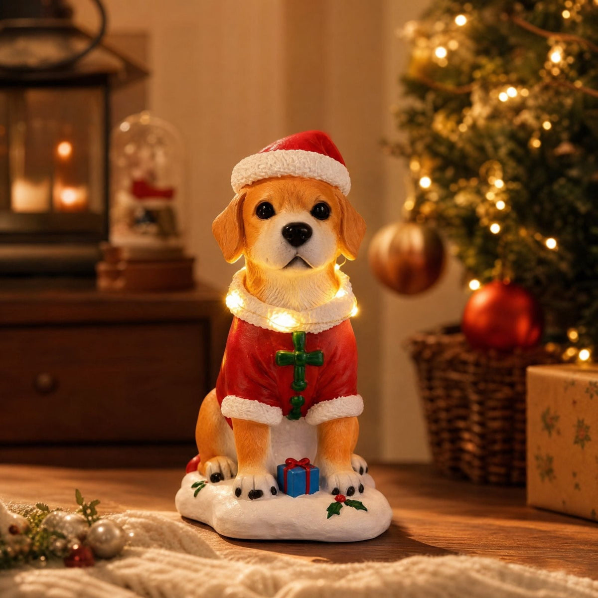 Luckky Lighted Christmas Dog Resin Statue, Santa Hat and Scarf Dog Figurine, 7.87 Inch, Multi-Color LED Lights, Indoor Outdoor Holiday Decor