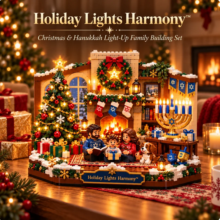 Hanukkah Family Light Building Block Display Set, Lighted Buildable Holiday Decor with Detailed Mini Figures, Seasonal Symbols and Tabletop Display Design, Hanukkah Family