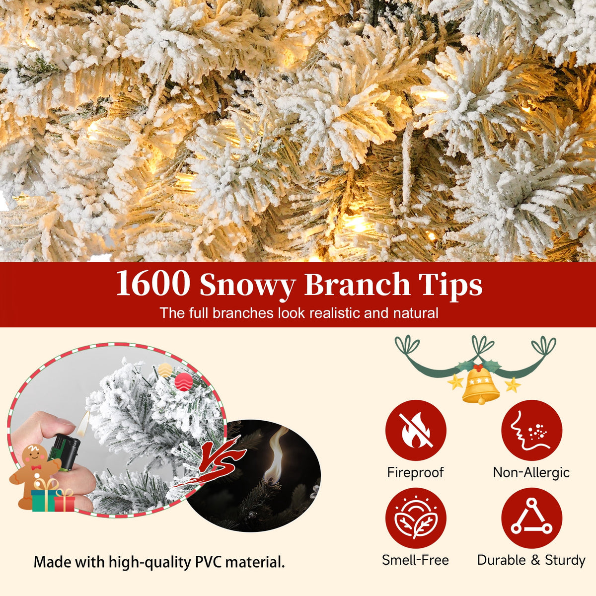 Yexmas 6FT Pre-Lit Snow Flocked Christmas Tree,Artificial White Christmas Tree with Large Christmas Tree Storage Bag,11 Modes Warm White & Multicolor LED Lights for Xmas Decoration