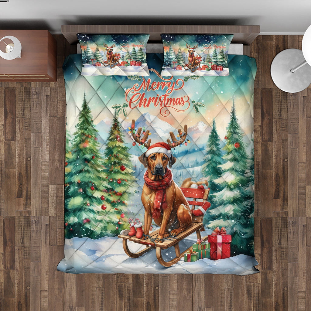 Merry Christmas Santa Reindeer Antlers French Bulldog Sleigh Xmas Winter Holiday Quilt Bedding Set Dog Lover Gifts 1 Blanket Bed Cover 2 Pillowcases - 00023