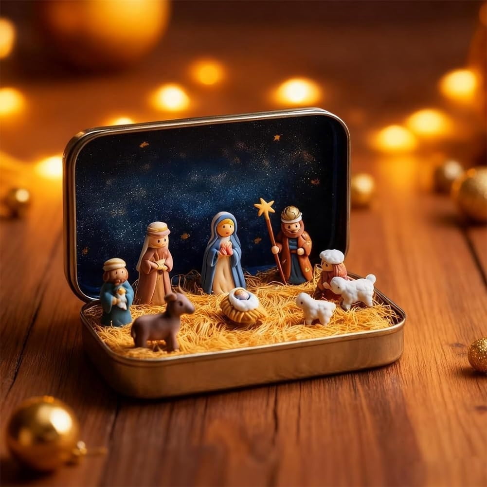 Mini Christmas Nativity Scene Set in a Tin Box Pocket Size Religious Catholic Jesus Holiday Desktop Ornament Decor Keepsake Stocking Stuffer Gifts